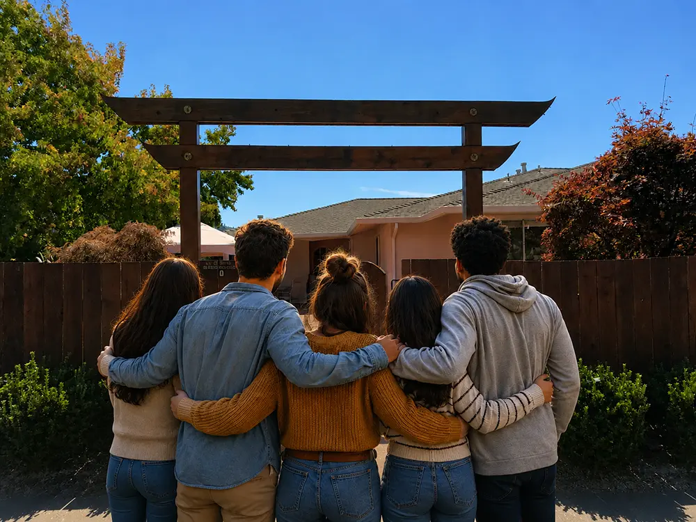 Five transitional aged youth stand in front of CSN Sanctuary Villas permanent supportive housing