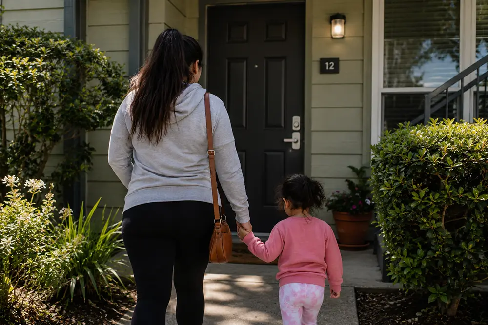 A mother and young daughter walk up to their apartment home
