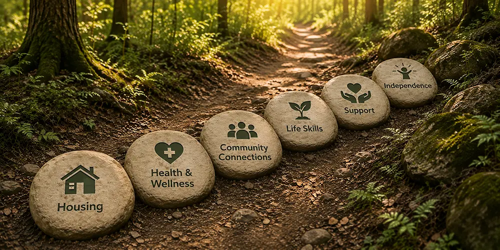 Stepping stones in a forest floor that read Community Support Network's various services and support